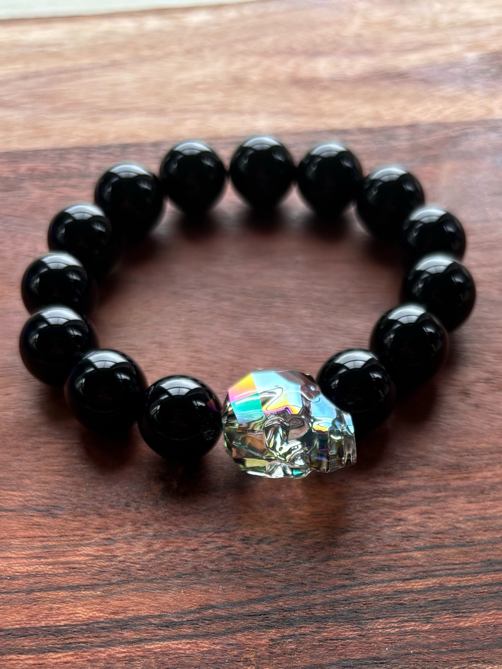 Black Onyx Beaded Bracelet with Iridescent Crystal Skull Accent